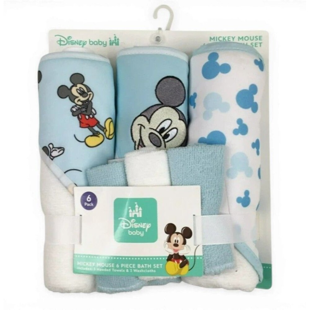 Disney Mickey Mouse Set Hooded Bath Towels and  Washcloths Infant Blue White NWT